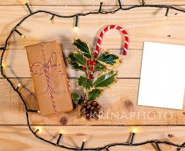 Xmas accessories for a perfect Santa’s helper: holly leaves, a candy cane, a wrapped gift and notepad pages to be filled with cheerful wishes and joyful thoughts, brightened up by light strings.